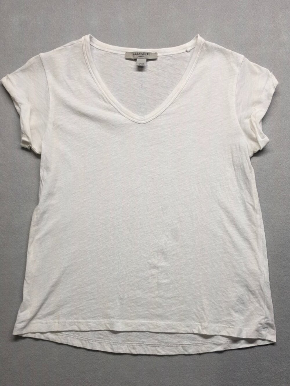 ALLSAINTS White Organic Cotton Anna V-Neck Tee Rolled Sleeve Top Size Small